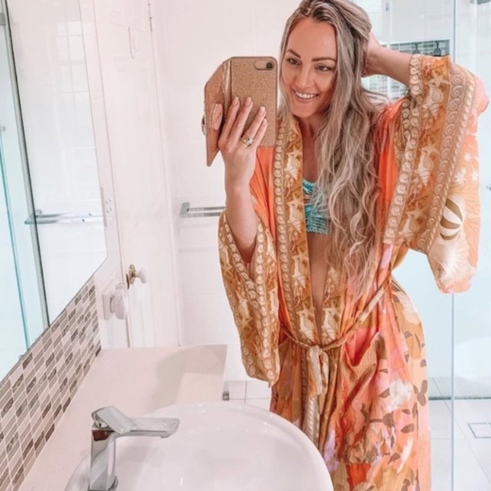 New Boho Floral Kimono Blue Maxi Duster Jacket